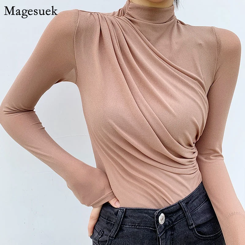 

Spring New Long Sleeve Women's Shirt Pleated Casual Mesh Slim Office Ladies Tops Korean Style Fashion Women Blouse Clothes 12696