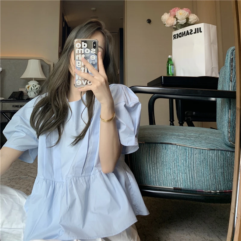 

Blouse Women Summer 2021 Office Lady Short Sleeve Solid Loose Puff Sleeve Pleated O-Neck Sky Blue Blusas Womens Tops And Blouses