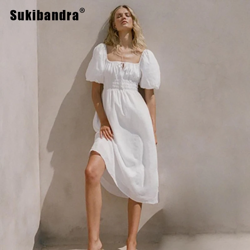 

Платье Sukibandra женское пляжное средней длины с коротким рукавом-фонариком, в богемном стиле, с завышенной талией, в стиле хиппи, одежда в стиле...