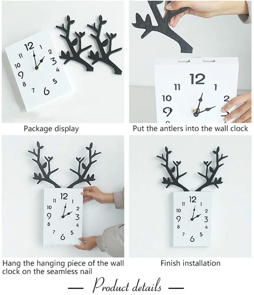 

Nordic Antler Wooden Clock Square Wall Clocks Room Wood Wall Watch Home Decoration Living Room Modern Silent Wall Clock