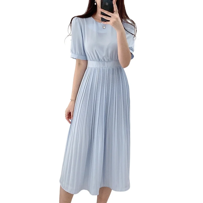 

Элегантные плиссированные летние платья для женщин с коротким рукавом, с О-образным вырезом, платье с высокой талией Твердые сладкие конфет...