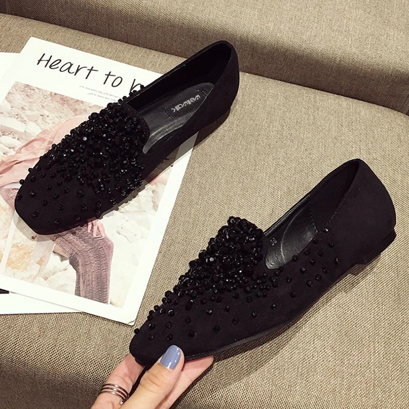 Туфли на плоской подошве со стразами женские лоферы с круглым носком модные