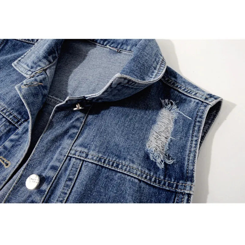 Весенне-летний винтажный потертый синий джинсовый жилет женский Карманный жакет