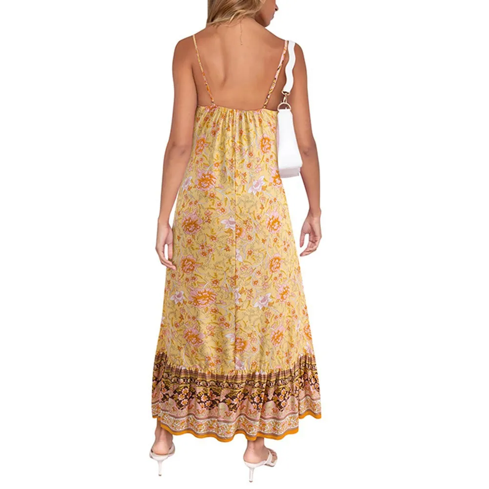 

Women Sling Floral Long Dresses Summer V-Neck Backless Floarl Print Beach Boho Female Dress Sexy Party Sundress Vestidos