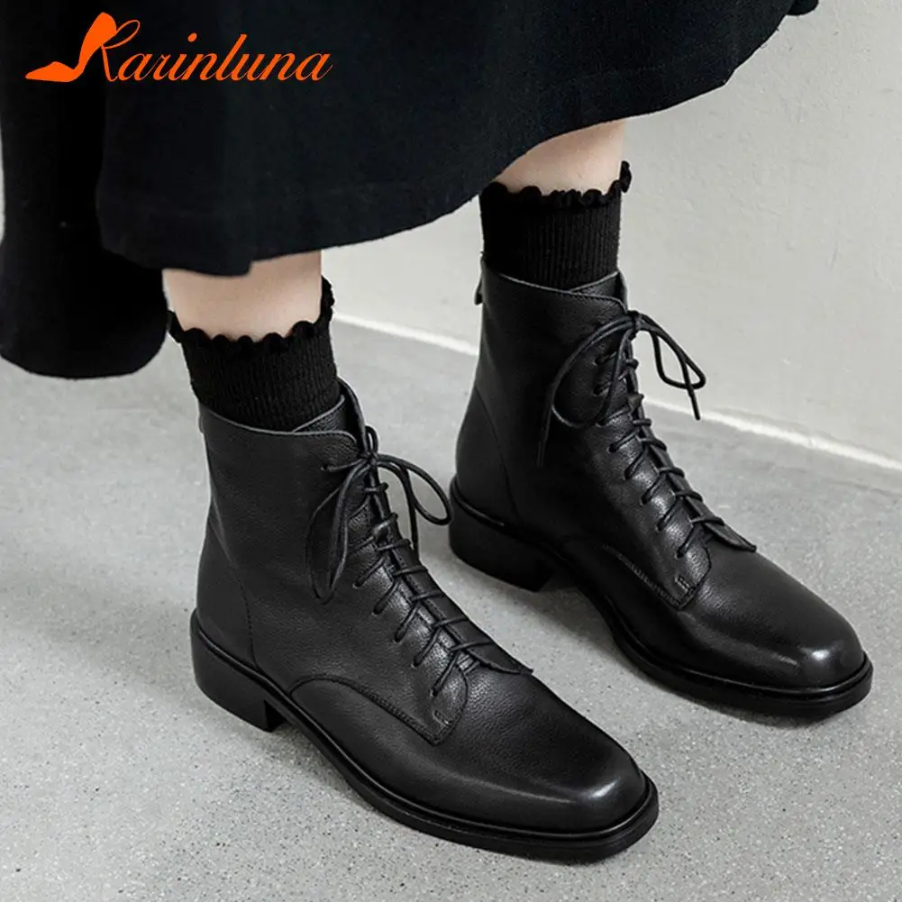 

Женские ботильоны с перекрестной шнуровкой Karinluna, однотонные ботильоны из натуральной кожи, с круглым носком, на массивном каблуке