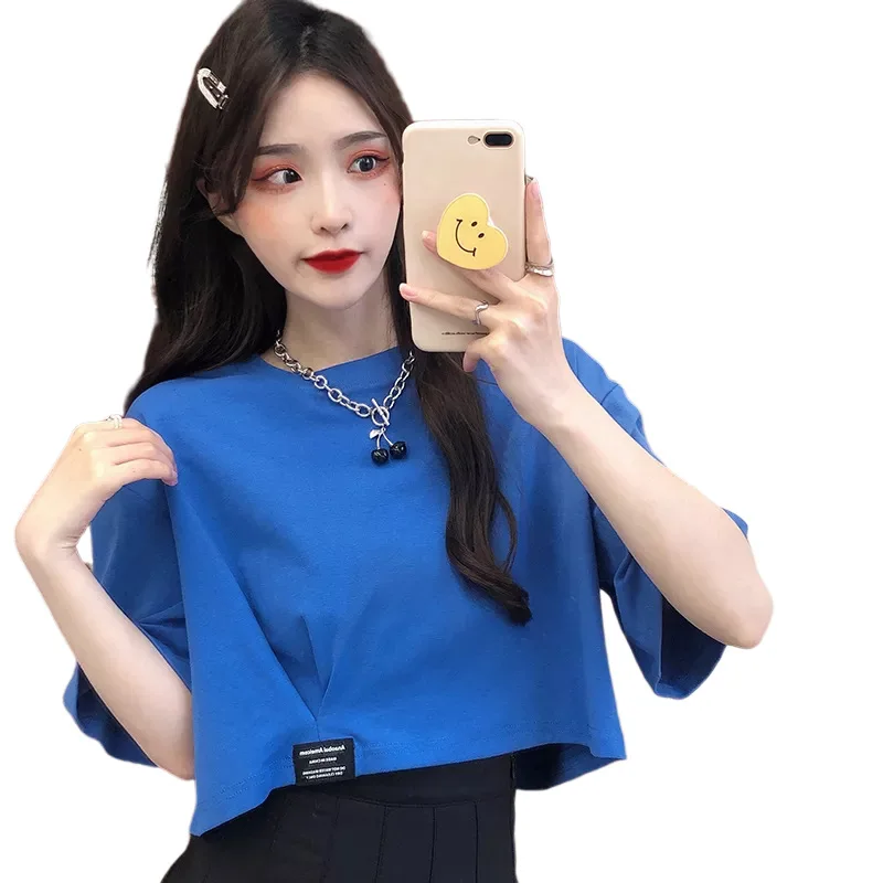 

2021 Women's Summer New Style Small Sexy Loose Short-sleeved Printing Short T-shirt Round Neck Crop Top