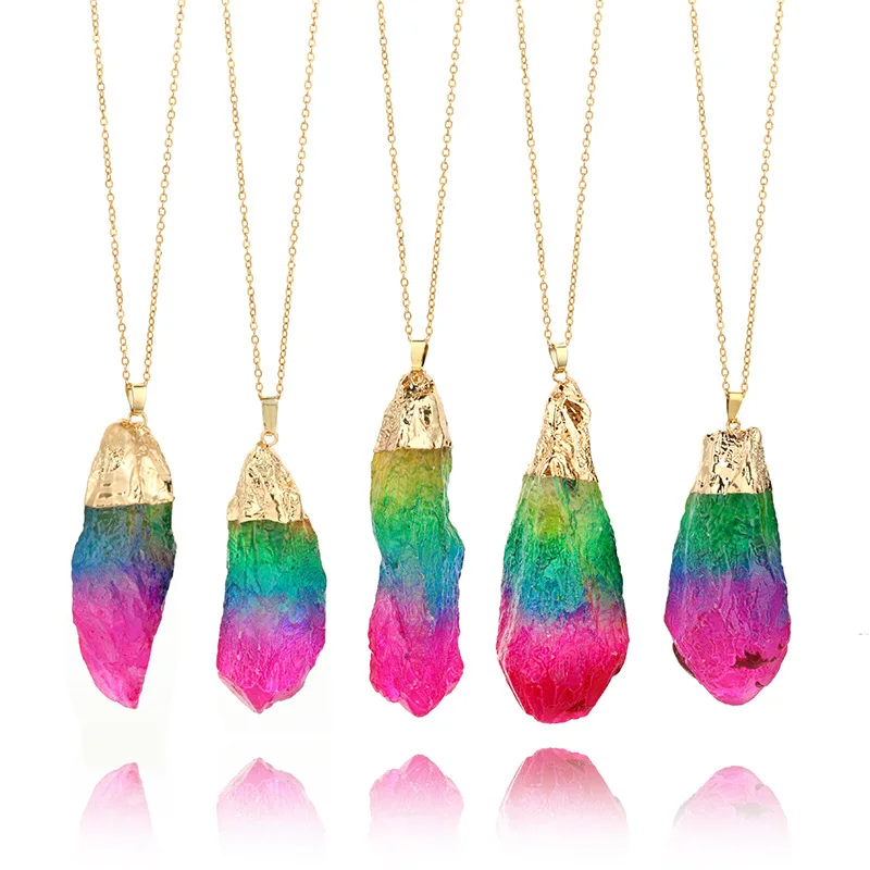 

Natural Stone Crystal Teeth Necklace Jewelry Lady Tri-color Candy Color Irregular Pendant Sweater Chain Woman Exquisite Gift