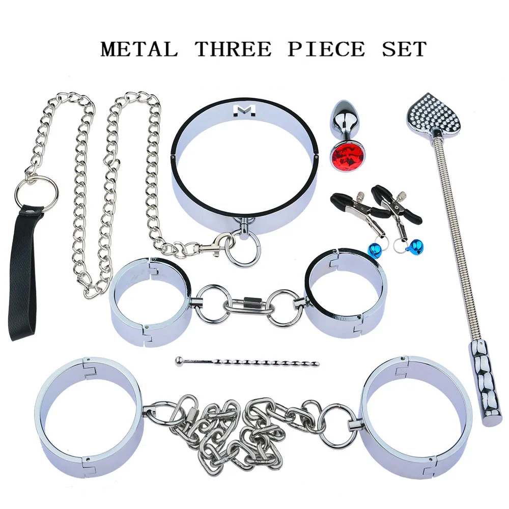 8 Pcs/Set Sex Bondage Kit Bdsm Collar Handcuffs Metal Stainless Steel Ankle Cuffs Anal Plug Slave Bdsm Restraints Adult Games
