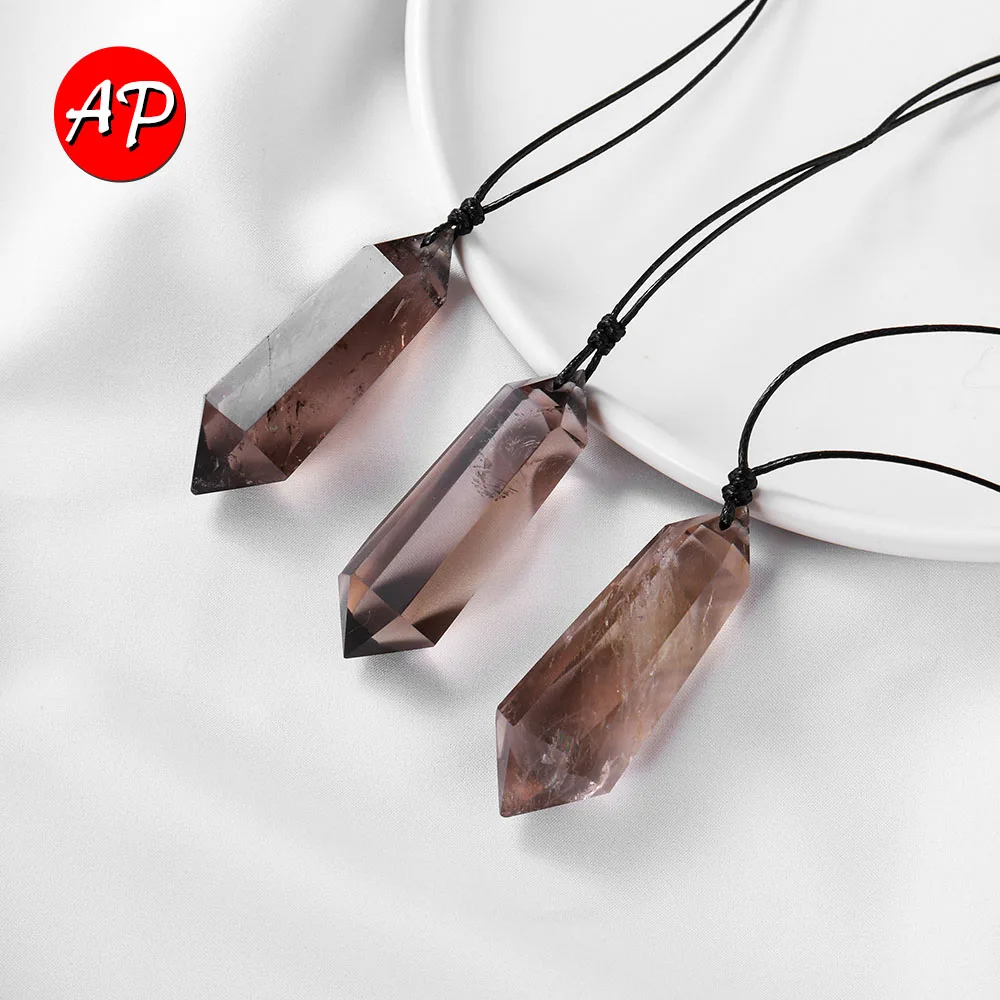 

1PC Natural Crystal Smokey quartz hexagonal prism Pendants Healing Tea Crystal point stone DIY Jewellery Necklace