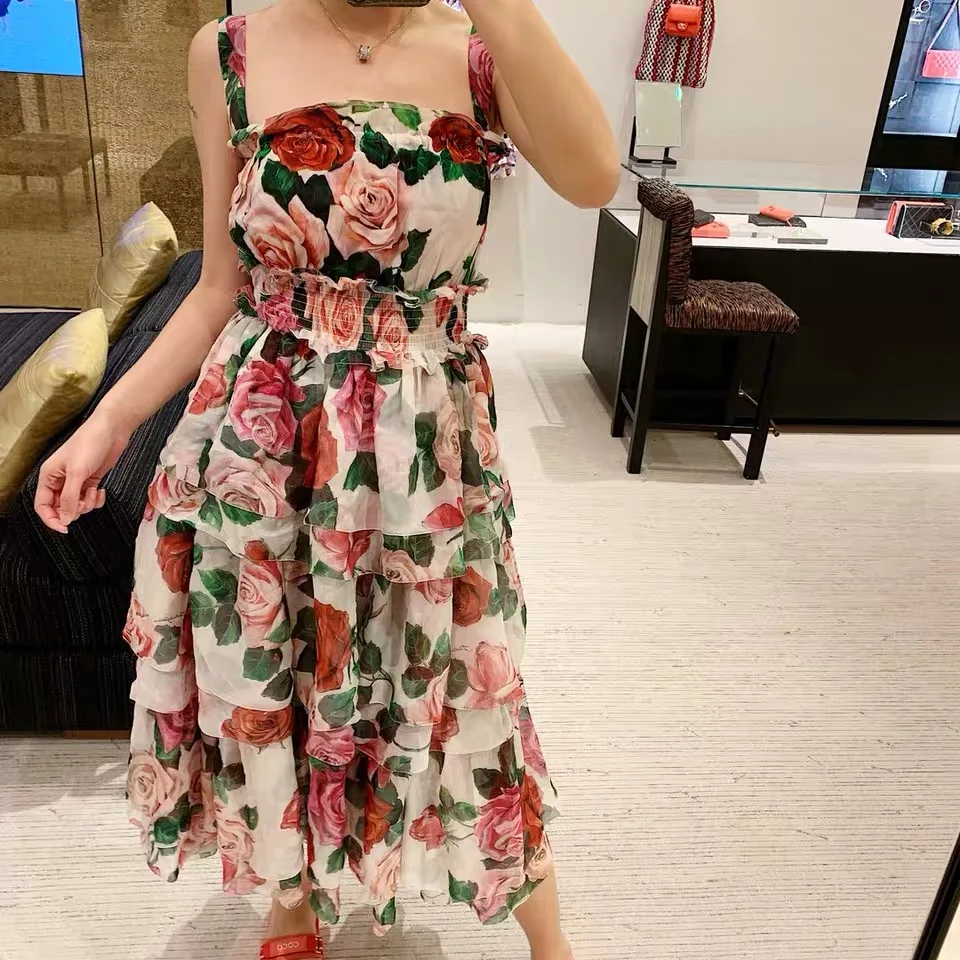

vintage dress luxury retro red rose flower printed high waist spaghetti chiffon boho party holiday dresses ropa mujer vrouw jurk