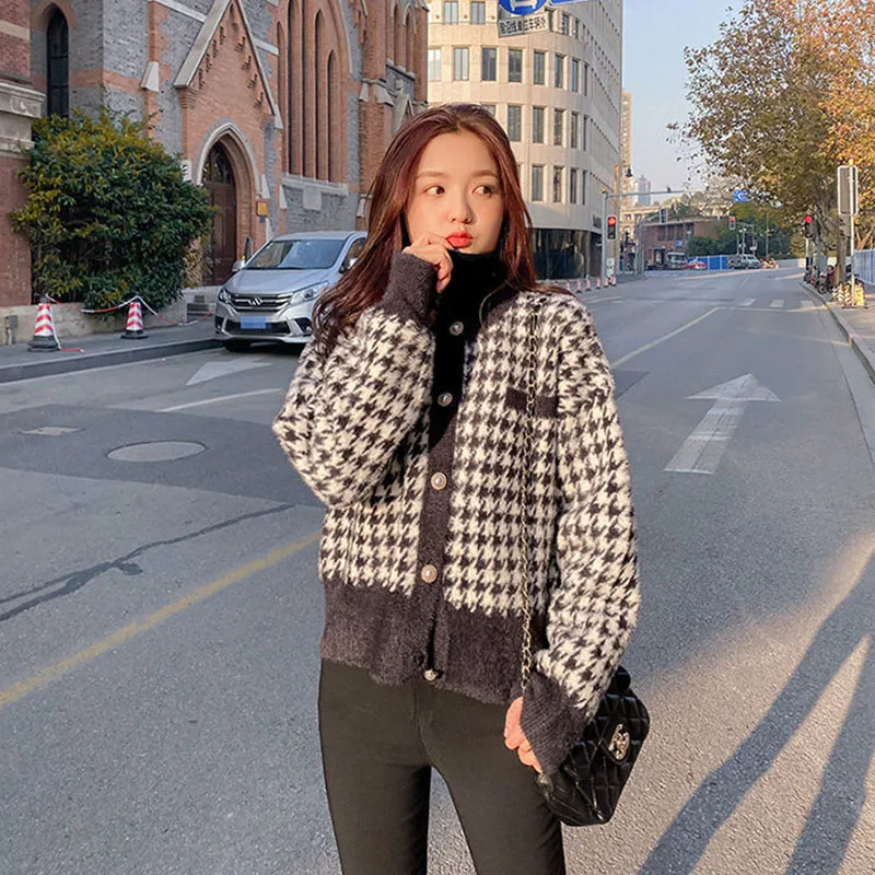 

Streetwear Plaid Crew Neck Sweater Cardigan Women Vintage Houndstooth Soft Faux Mink Cashmere Knitwear Casual Knitted Outerwear