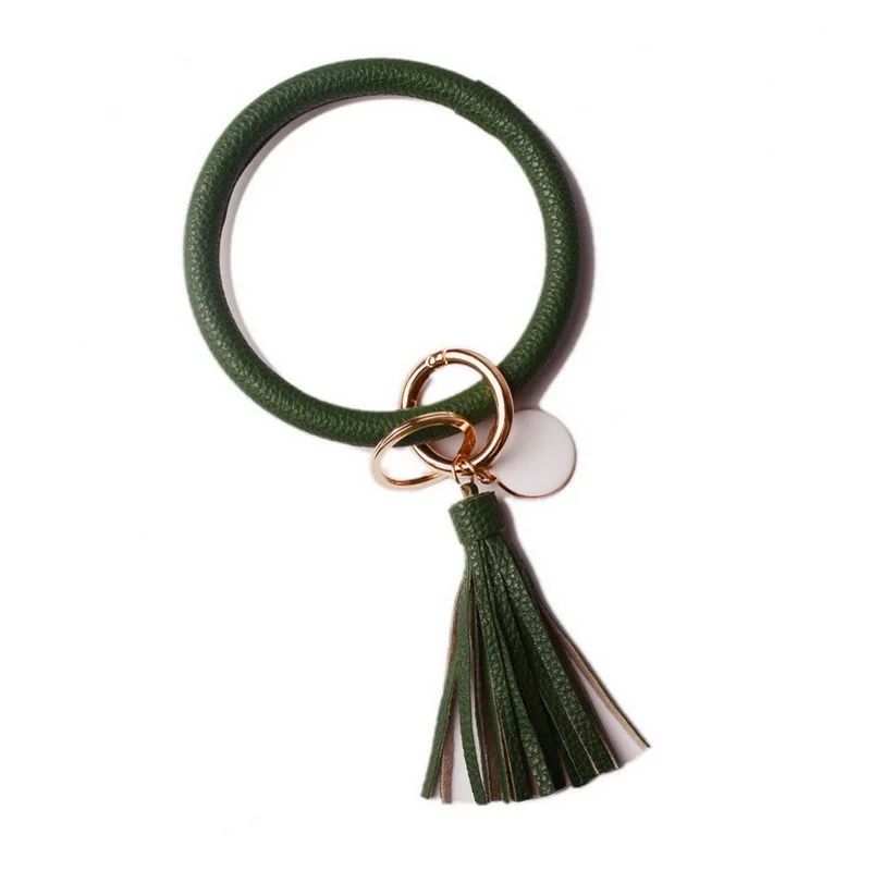 dark-green Новая мода ретро большой кожаный наручное украшение кольцо для ключей из сплава кулон Флокирование кисточкой брелок для ключей в стиле унисекс ювелирные изделия Bijoux поводок пряжка - Цвет: dark-green