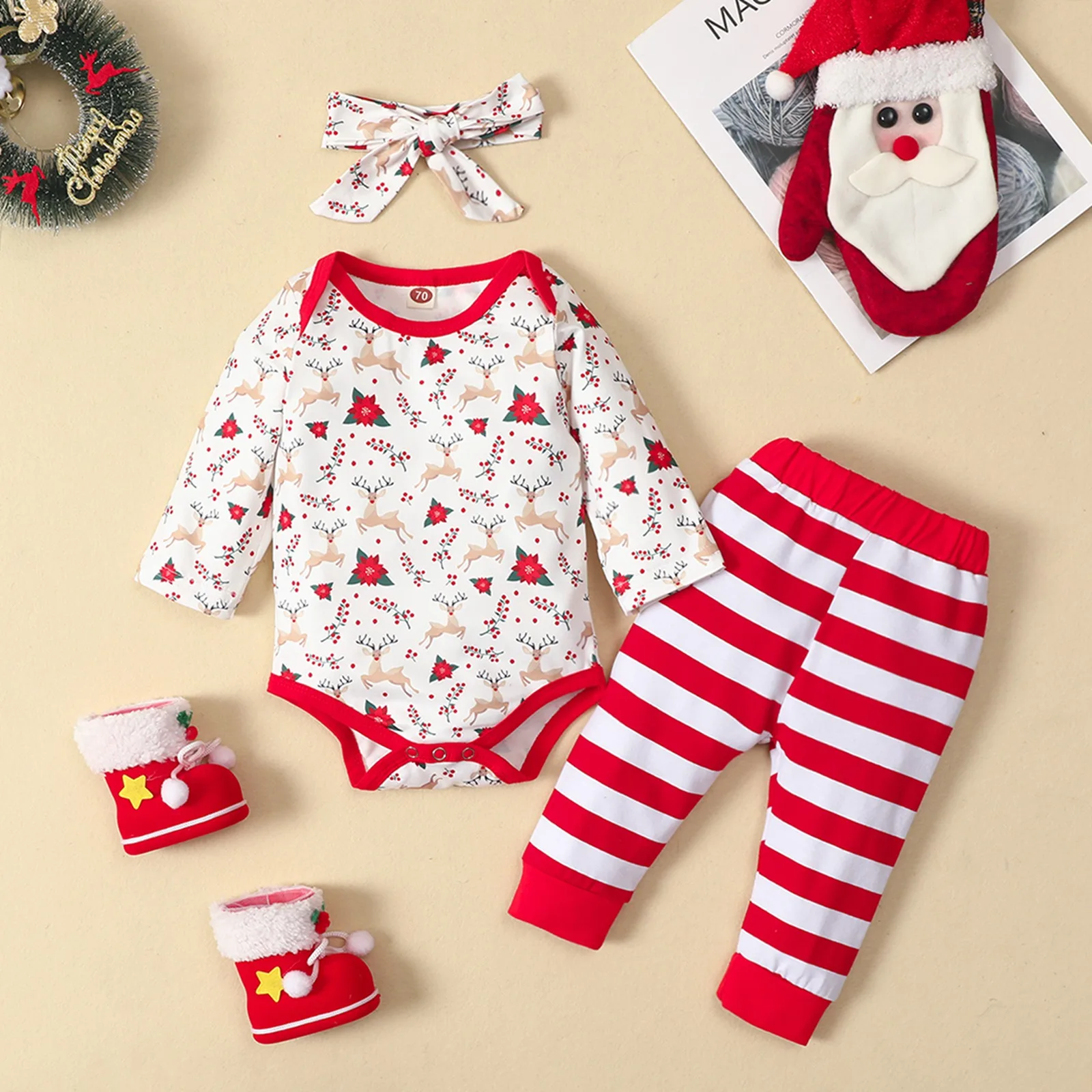 

Комплект одежды для новорожденных девочек 0-24 месяцев, ромпер с оленем и цветочным принтом, Красные Полосатые брюки, повязка на голову, Рожде...