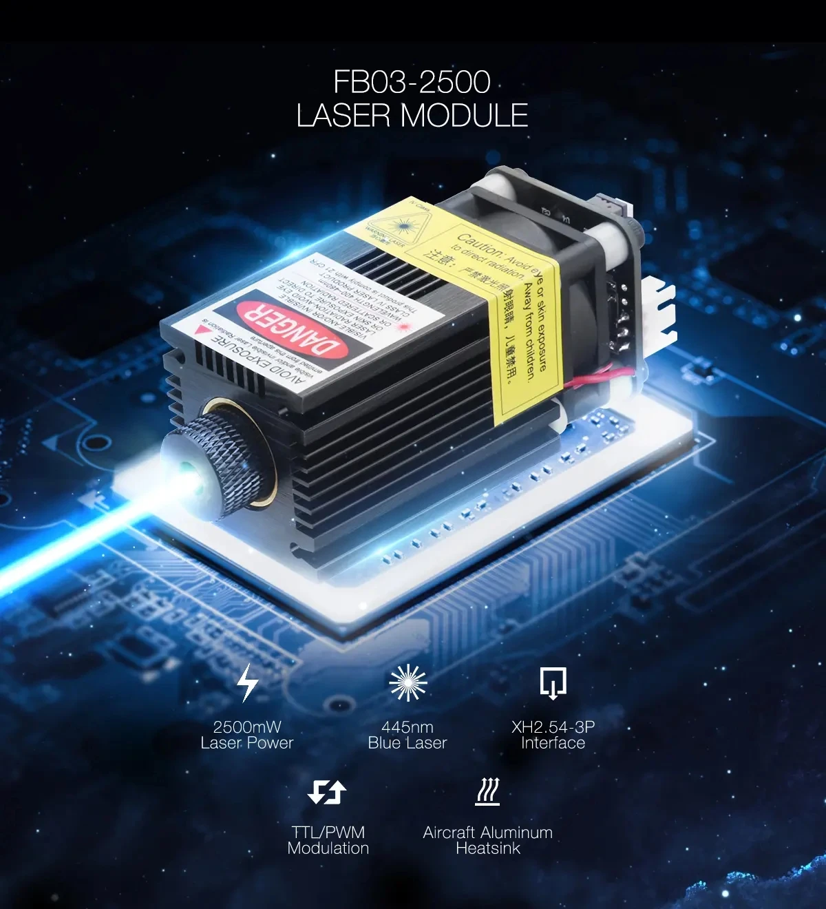 

FB03-2500 2500 мвт 445нм синий лазерный модуль 2,54-3P TTL/PWM модуляция DIY гравер для EleksMaker