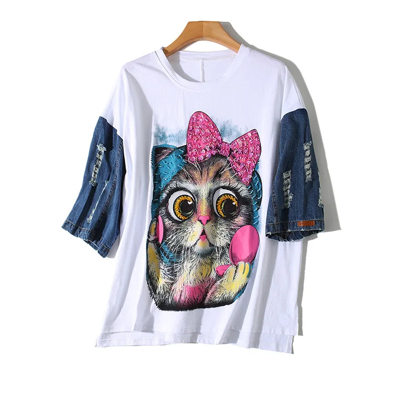 

camisetas de mujer Kitty Print t shirt Short Sleeves Summer tee shirts femme Loose Type ropa mujer Contrast Color haut femme Hot