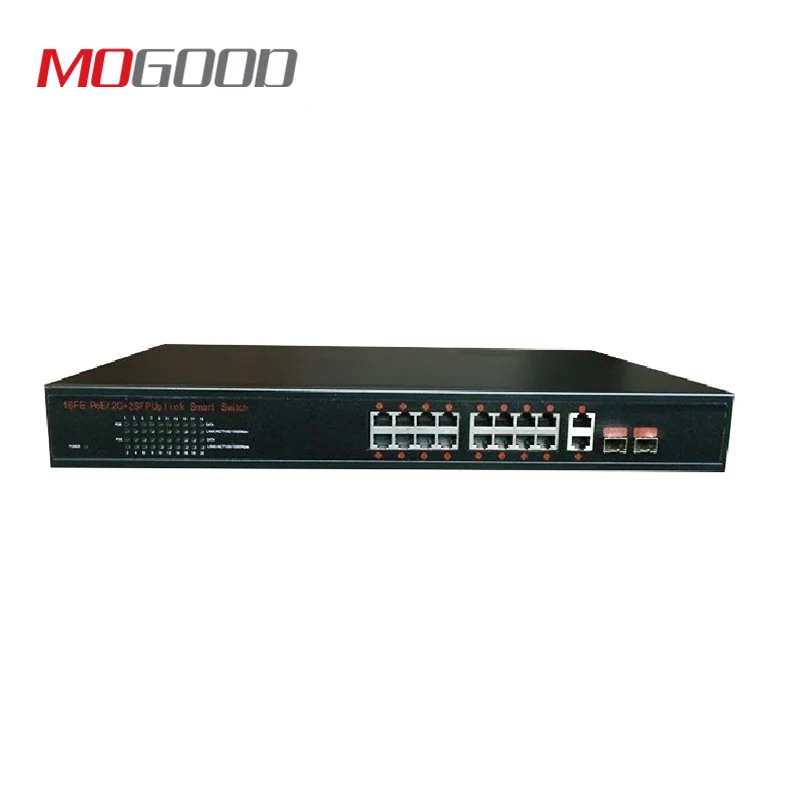 MoGood 16 портов PoE 100M коммутатор, 2 порта 1000M uplink, для CCTV IP poe камеры 250 метров дальность передачи
