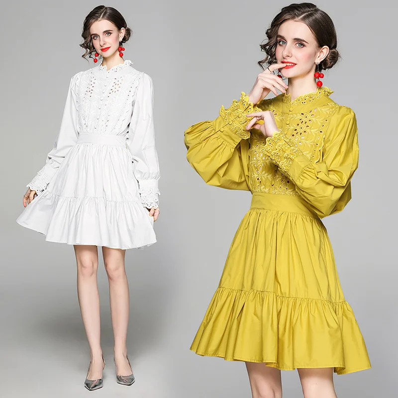 

Simgent Cotton Dress Women Spring 2021 Fashion Hollow Out Ruffle Long Sleeve Yellow White Dress Woman Clothing Vestidos SG12191