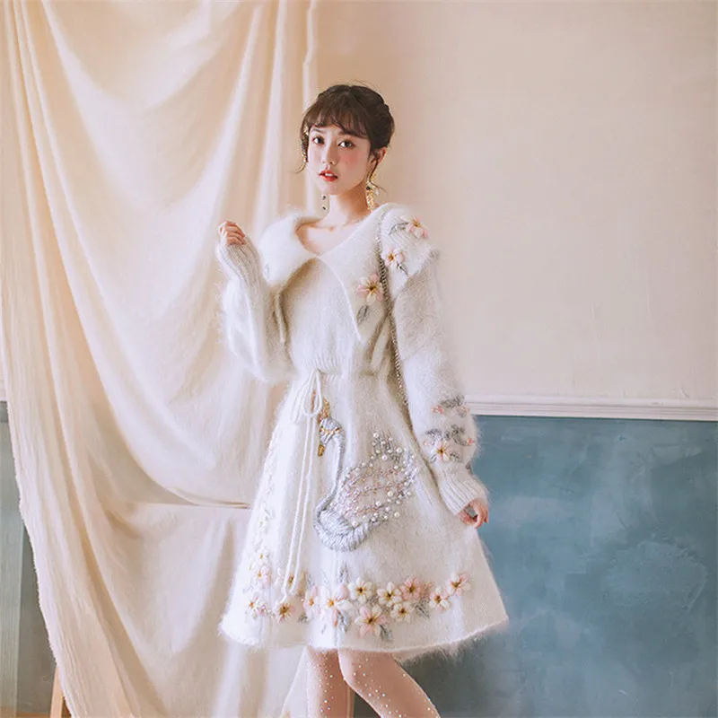 Женское платье-свитер в стиле ретро белое платье из мохера с воротником Питер Пэн