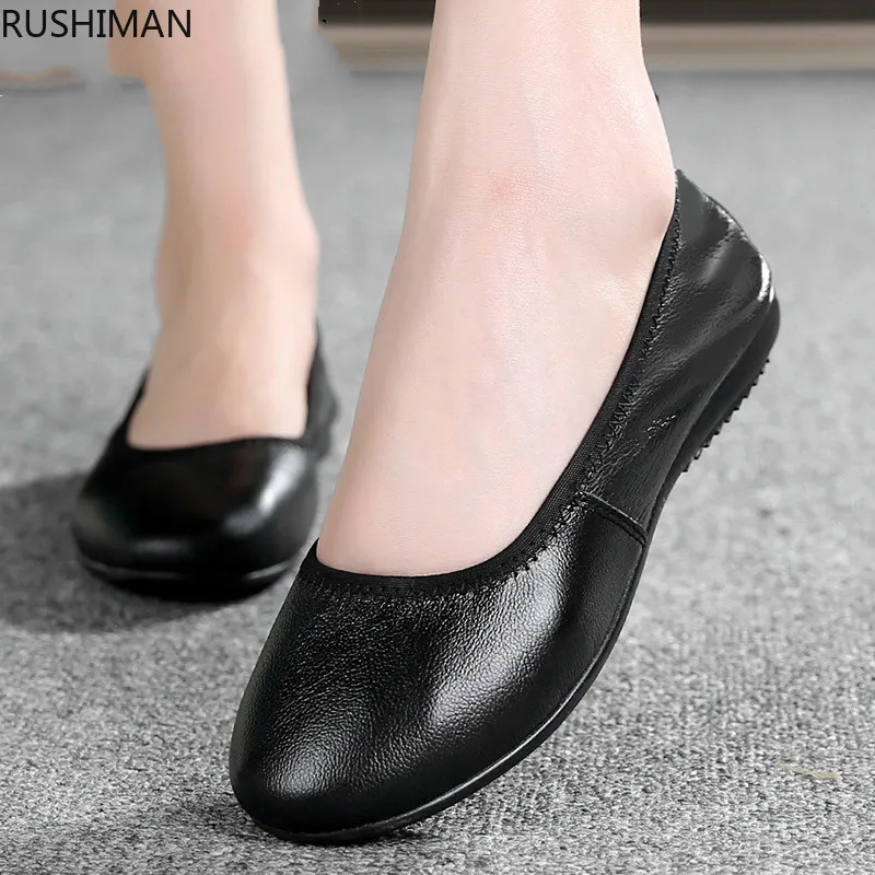 Rushiman Black Genuine Leather Flat Heel Comfortable Soft Bottom Full-grain Leather Anti-slip Foot Covering Flat Keel Thin Shoes