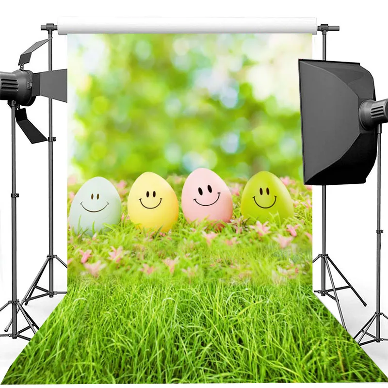 Фон со смайликом пасхальными яйцами весенние розовые цветы фоны для фотосъемки