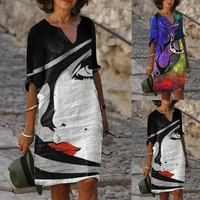 new spring and summer skirt womens fashion print v neck five point sleeve multi color mid length dress