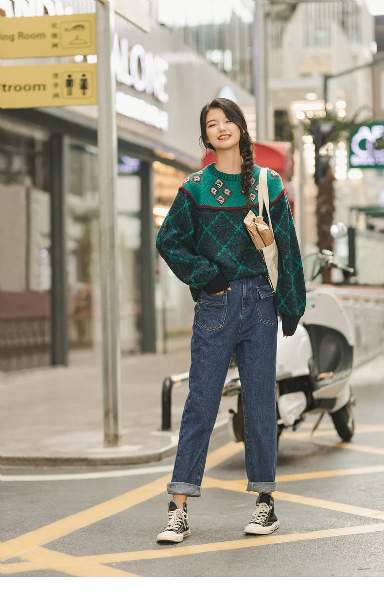 INMAN Winter New Arrival Literary O-neck Jacquard Contrast Color Thick Loose Women Pullover