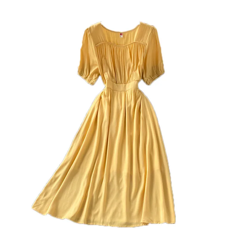 

French Puff Sleeve Square Neck Solid Color Dress Summer 2021 New Light Mature Style Casual Ruched Pleated Midi Dresses For Women