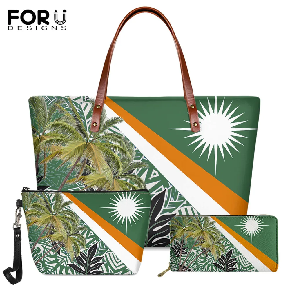 

FORUDESIGNS Polynesian And America Islands Tribe Style Women Fashion Tote Bags PU Leather Long Purse 3pcs Travel Large Handbags