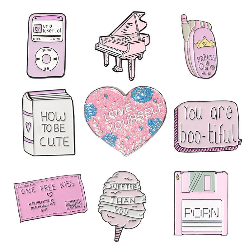 Мультфильм Розовая коллекция эмалированные булавки Love Yourself сердце пианино Броши