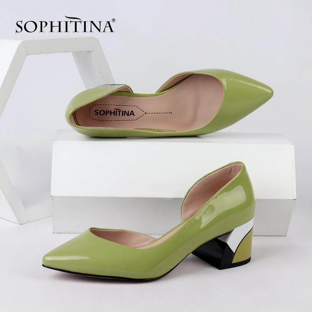 SOPHITINA/модные разноцветные туфли-лодочки; удобные туфли из лакированной кожи высокого качества на квадратном каблуке; пикантные новые туфли-лодочки с острым носком; PC163