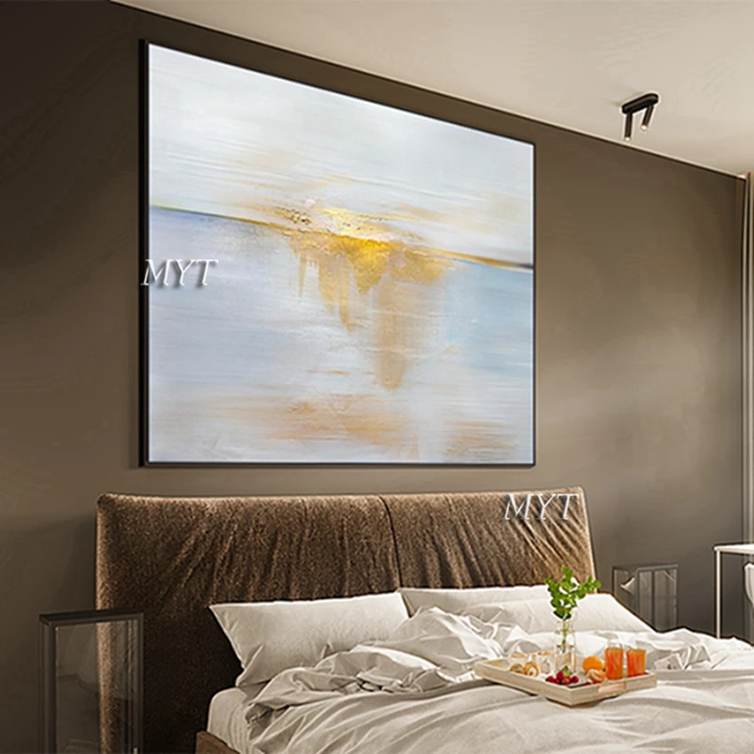 

Hand-painted oil painting, living room mural, sky blue sunrise abstract painting art, frameless canvas