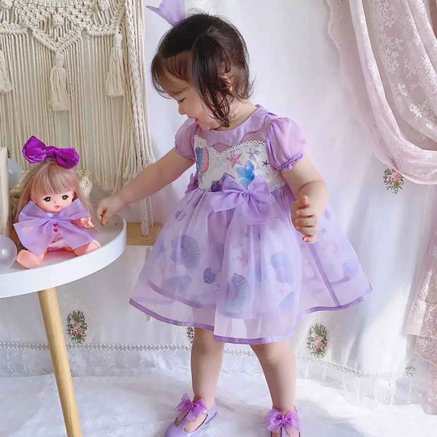 

Spanish Lolita Girl Princess dres Purple bow mesh stitching print dress for girls birthday party Easter dress vestidos Y3073
