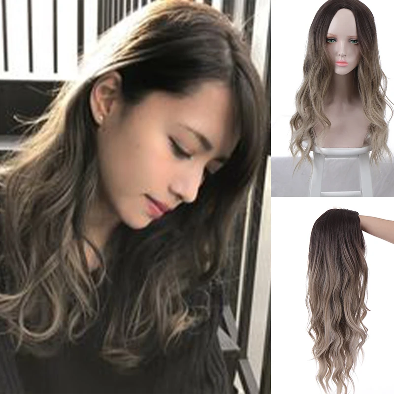 

Brown light gray curly long wavy half-part heat-resistant natural cosplay wig ladies wig