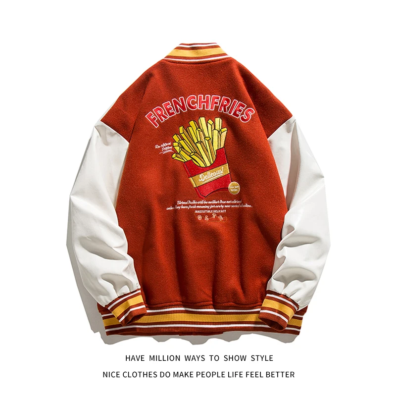 

2021 New Autumn Potato Chips Fries Embroidery Baseball Jacket Men's Bomber Coat Unisex Women's Oversize Varsity Jacket Patchwork