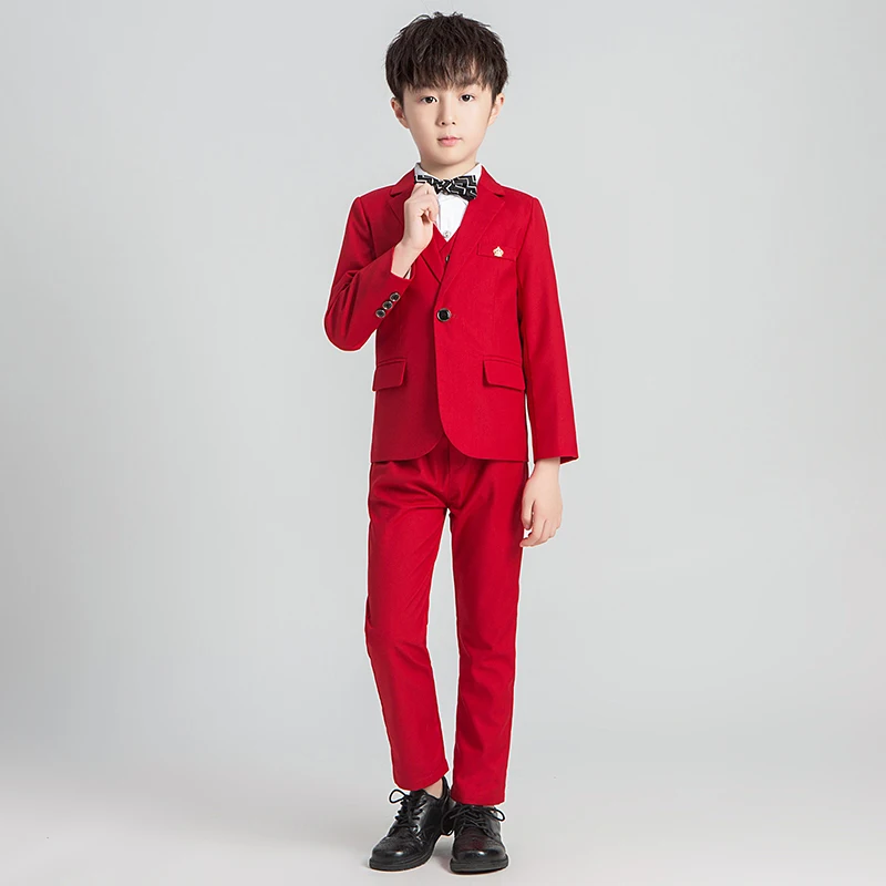 A red 3pcs Деловой костюм с цветами для мальчиков детское платье для свадебной вечеринки детский Блейзер, жилет, брюки костюм-смокинг из 3 предметов Детский Школьный костюм для церемонии - Цвет: A red 3pcs