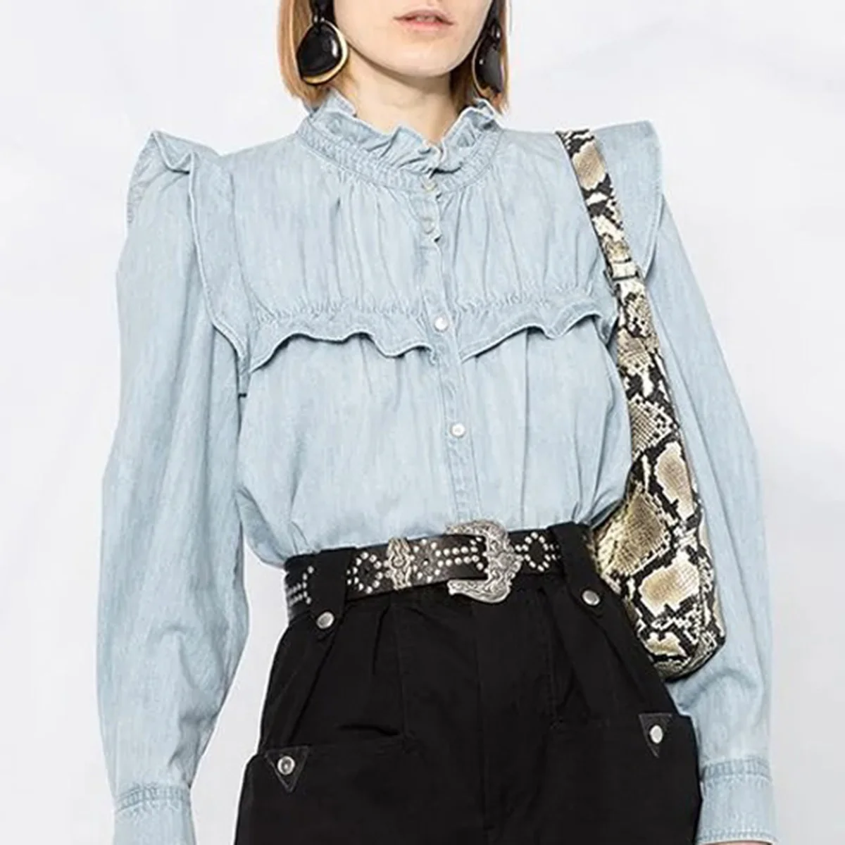 

2021 New Fashion Women Denim Blouse Lady Frill-Trim Collar Puff Sleeve Ruffles Shirt Female Simple Vintage Loose Blouses Tops