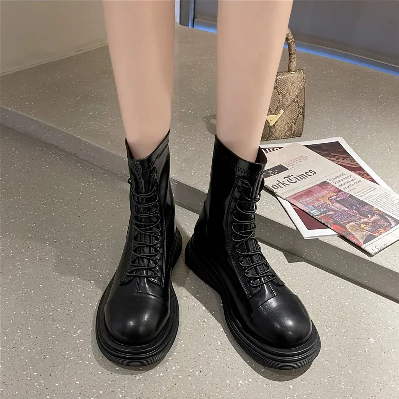 Women's mid-tube boots Women's autumn and winter fashion lace-up Botas Mujer boots sports platform high-heeled women's shoes