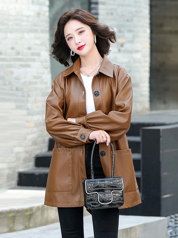 New Women Sheep Leather Jacket Spring 2022 Casual Fashion Turn-down Collar Solid Loose Sheepskin Trench Coat Leather Outerwear