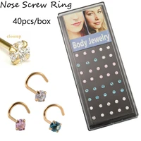 40pcsbox prong set closeup cubic zircon crystal nose screw ring piercing gold plated nose retainers stud 20g body jewelry