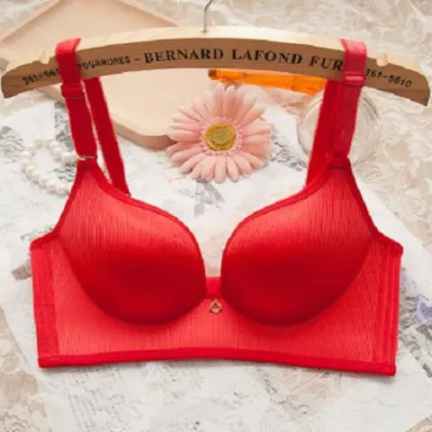 

Gathers Bra Girl Red Polyester Comfortable Sexy Seamless Underwear Push Up Lingerie Set No Steel Ring 3/4 Small Chest Artifact
