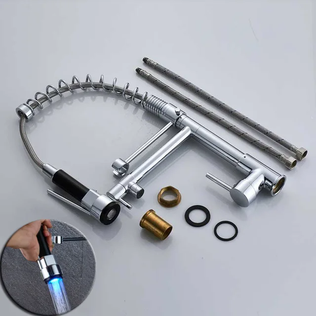 

LED Light Kitchen Faucet Rose Gold LED Pull Down Spring Kitchen faucets Dual Swivel Spout Crane Hot Cold water mixer Taps