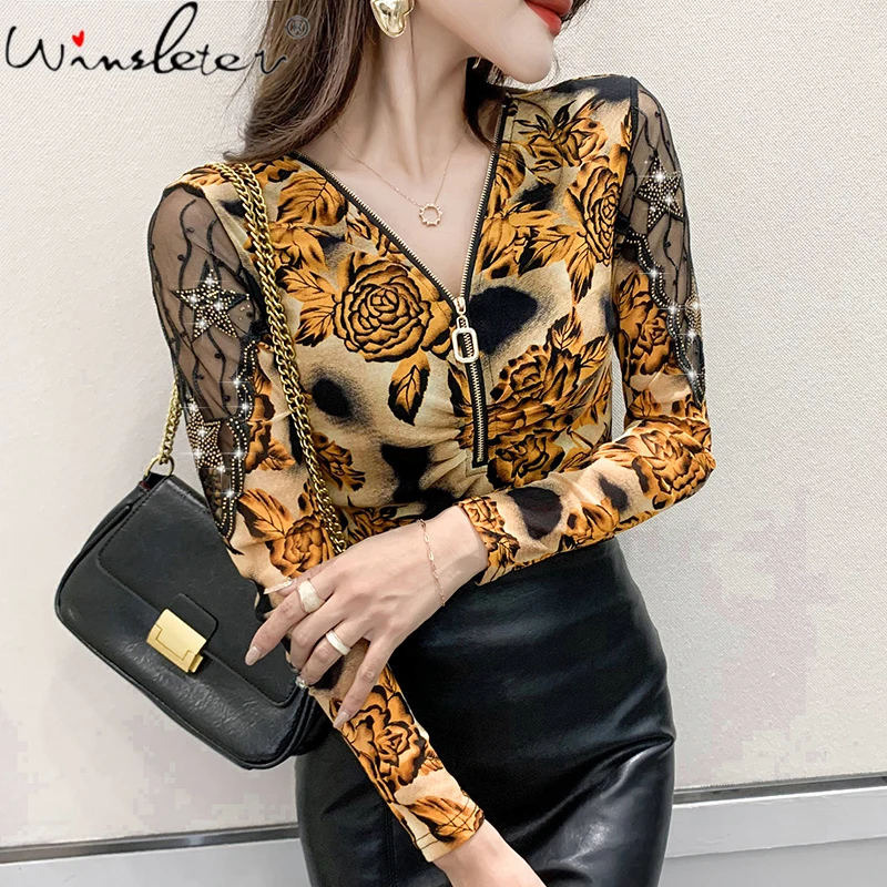 

MadBlack Fall Winter European Clothes T-Shirt Chic Sexy V-Neck Zipper Print Elastic Women Tops Long Sleeve Spliced Tees T19037A