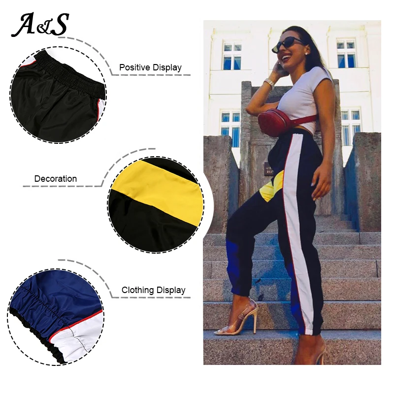 

Anbenser Patchwork Long Harem Pants Women Sweatpants High Side Striped Black Trousers Elastic Waist Pants Fitness Workout 3XL