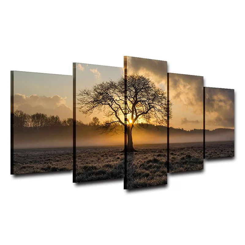 

5 Panels Canvas Painting Wall Art Print Poster Desert Single Tree Sunrise Landscape Photo Living Room Bedroomdecor Home Decor