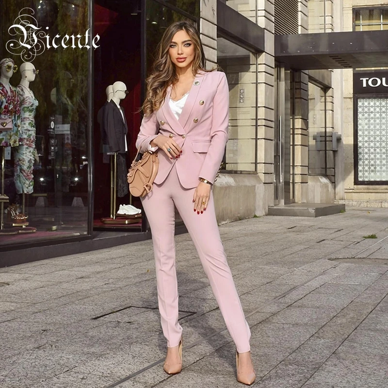 

VC All Free Shipping Two Pieces Sets Double Breasted Turn-down Collar Blazer & Pant Office Ladies Female Pants Suit