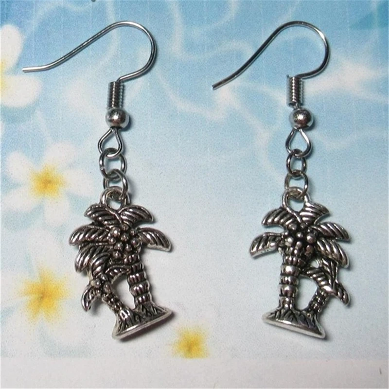 

Antique Silver Color Palm Tree Beach Vacation Dangle Drop Earrings, Tree Earrings, Cute Girls Earrings