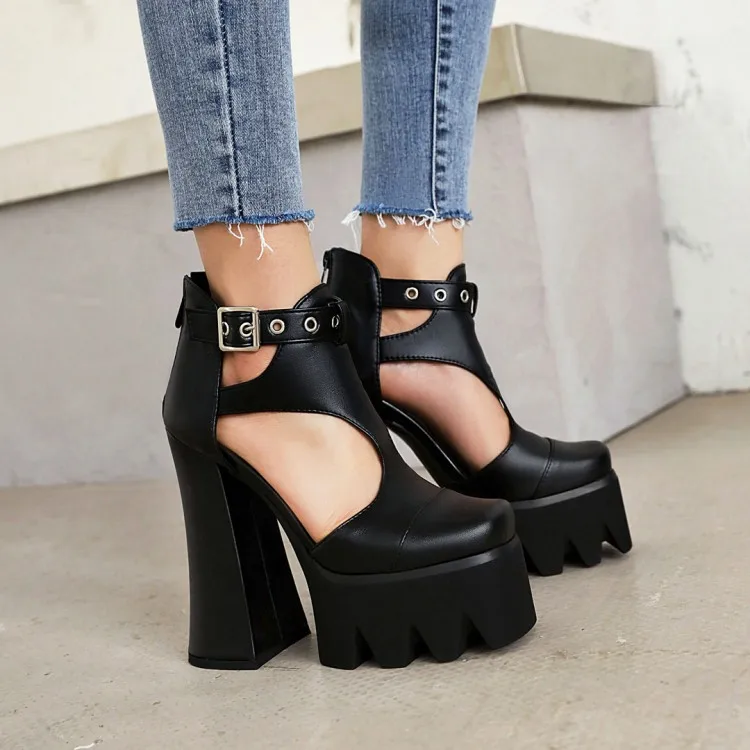 

2022 Womens Metal Chain Platform Belt Buckle Super High 6" Heel Punk Shoes Cut Out Pumps Creepers Oxfords Lace Up Plus Size