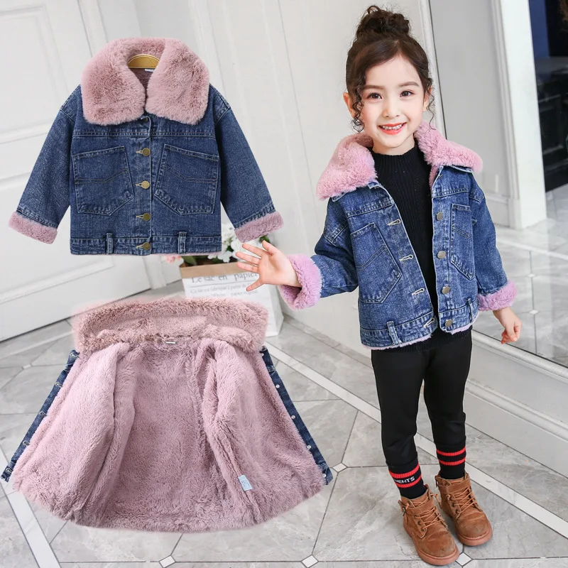 Children's Denim Jacket Girls Winter Fur Collar Plus Velvet Coats Big Kids Fashion Warm Outwear | Детская одежда и обувь
