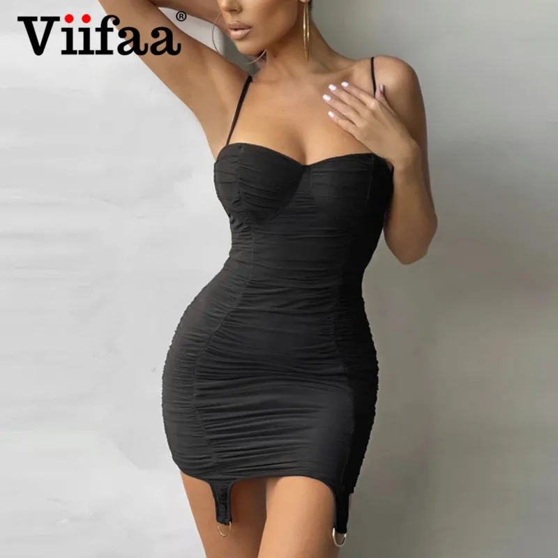 

Viifaa Women Sexy Party Wear Spaghetti Strap Solid Black Bodycon Ruched Night Female Mini Length Stretch Slim Fitted Dress