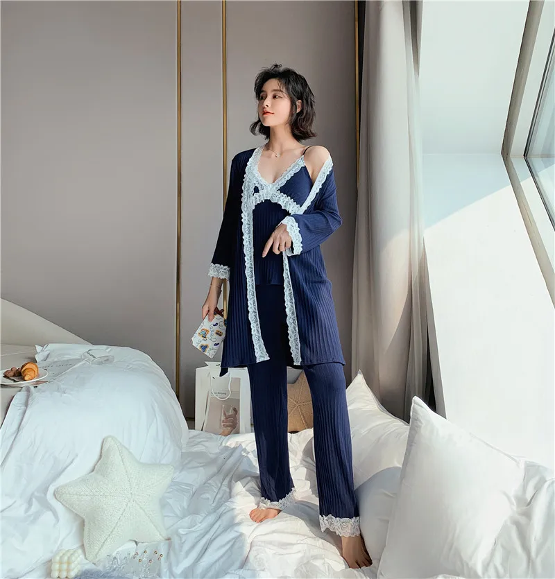

2021 3 Pieces Sets Pajamas Sleepwear Cotton Autumn Winter Warm Sexy Pajamas Set Women Strap Nightwear Long Pant Robe Female